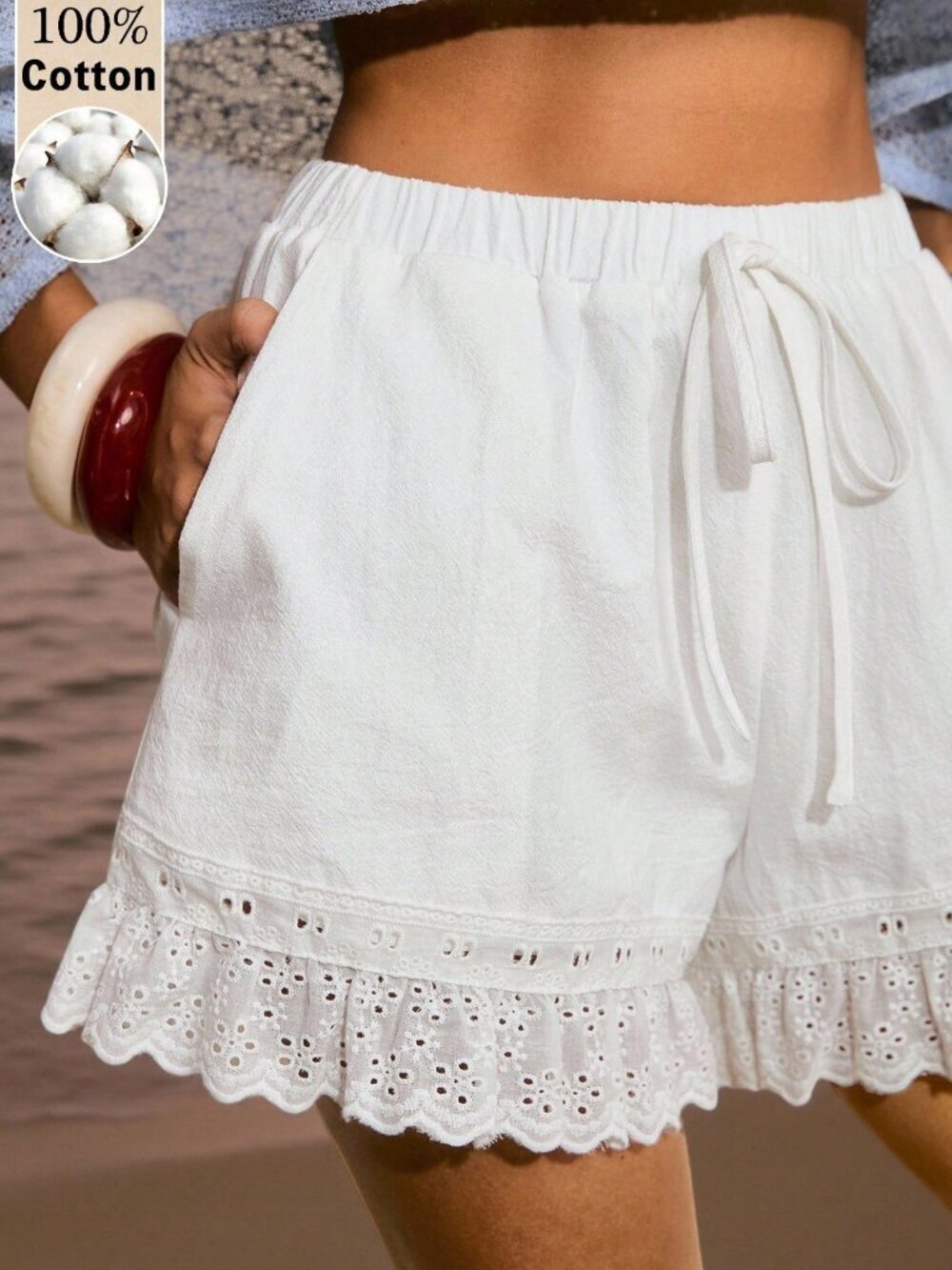 White Casual Boho Women's Cotton Hollow Out Embroidery Ruffle Hem Shorts